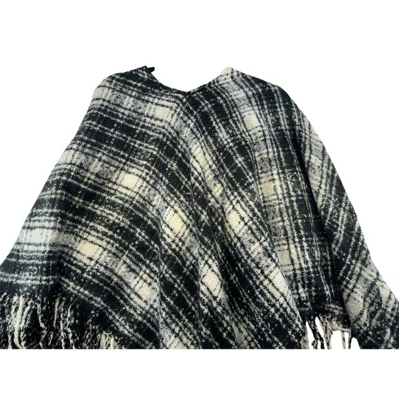 Lauren Ralph Lauren Womens Black & White Plaid Fringe Poncho - Picture 9 of 9